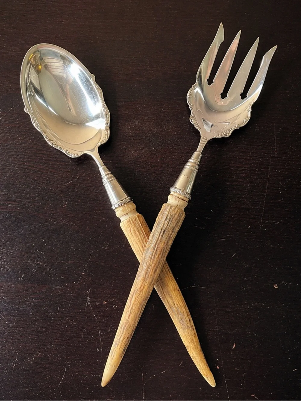 Antique Stag Horn Handle Serving Set Silver Plate Salad Fork Spoon Rustic Lodge